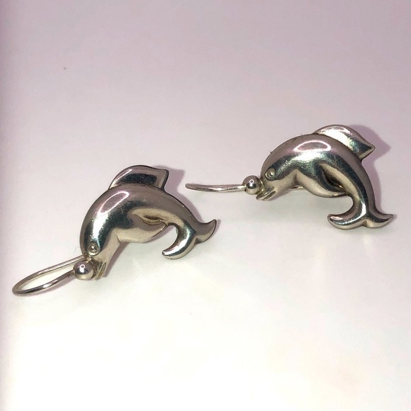 Vtg Italian Sterling Silver Dolphin Balancing Ball Earrings 1.2” - Picture 1 of 3